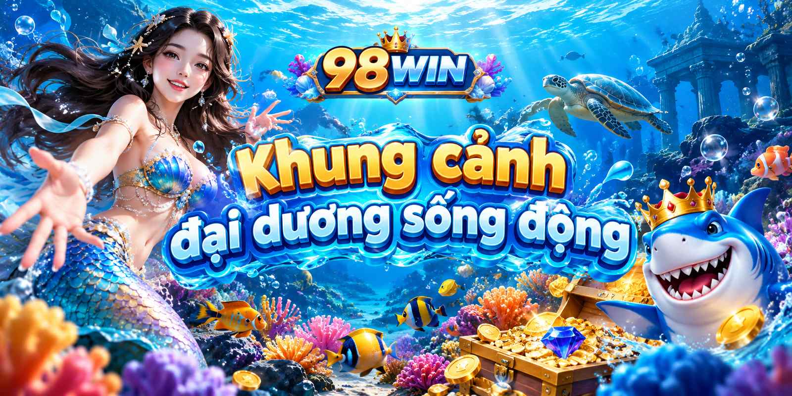 Khung cảnh đại dương sống động với nhiều sinh vật biển trong trò chơi bắn cá rùa xanh.