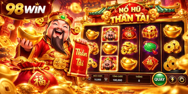 Giao diện nổ hũ Thần Tài với biểu tượng tài lộc và hiệu ứng quay sinh động.